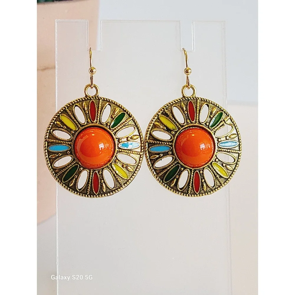Gold Tone‎ Multi Color Enamel Sunburst Boho Drop Earrings Orange Cabochon Round